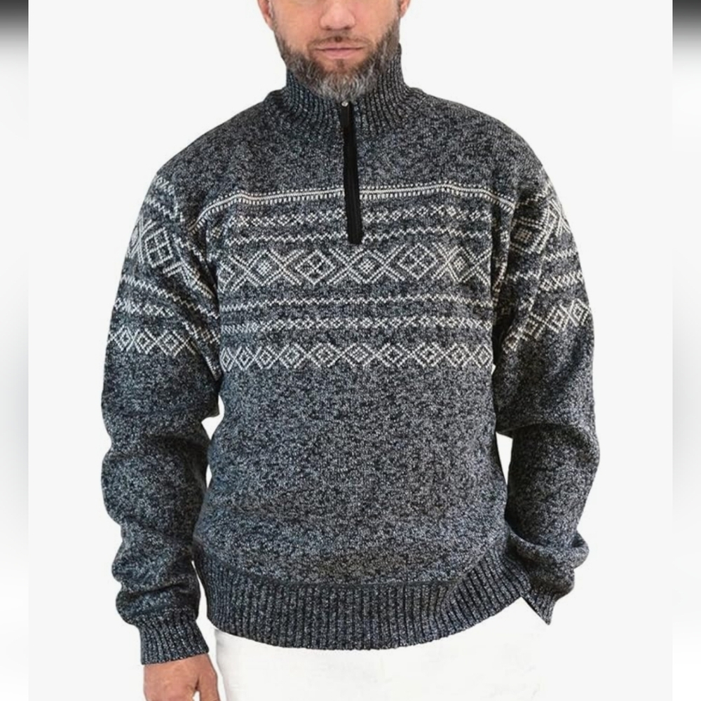 👉*NWT* CHARCOAL GREY & WHITE *FLEECE LINED* PATTERNED QUARTER-ZIP SWEATER ~XXL - Picture 3 of 15